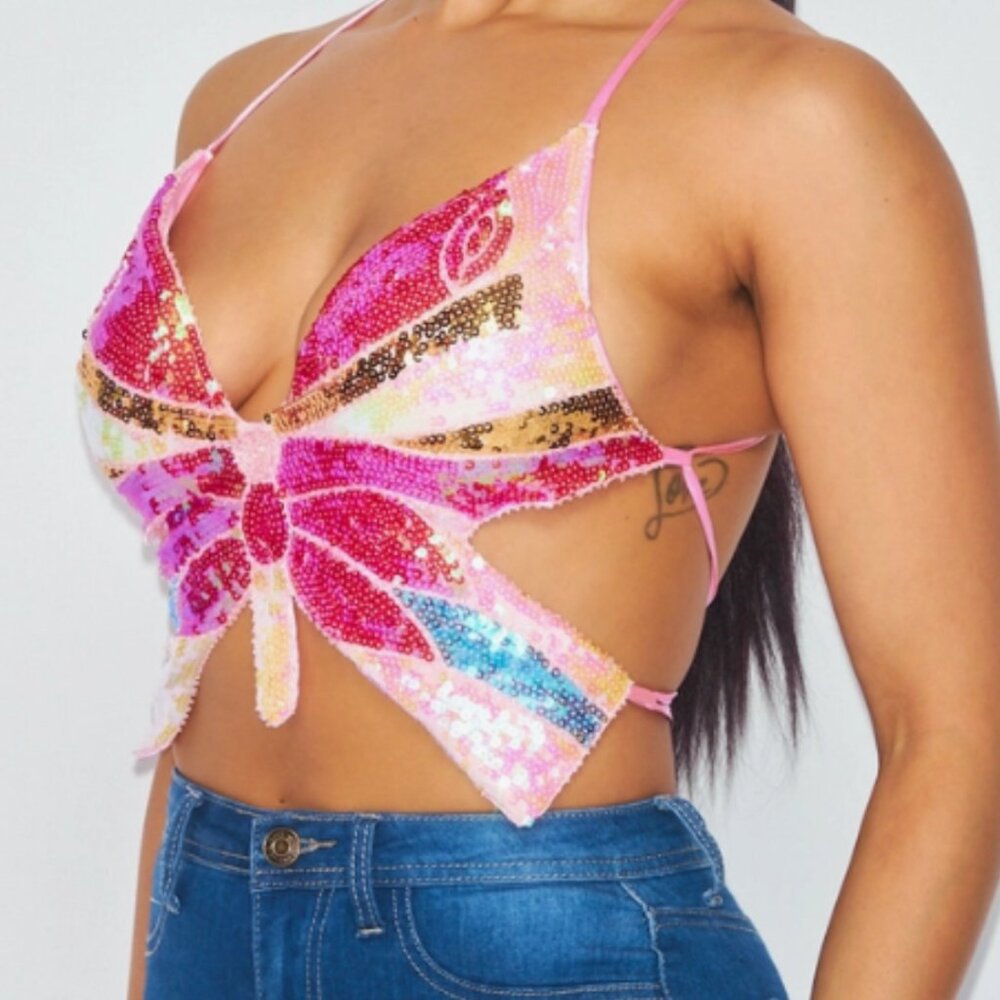 🦋 Always Winning Butterfly Sequin Halter Top. - Picture 4 of 6
